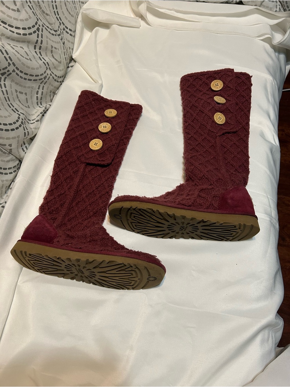 UGG Cable Knit Button Knee-High Boots in Wine